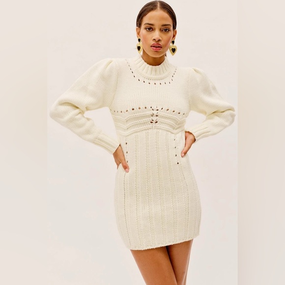 For Love And Lemons Dresses & Skirts - For Love & Lemons Jules Sweater Cable Knit Cream Mock Neck Mini Short Dress XS